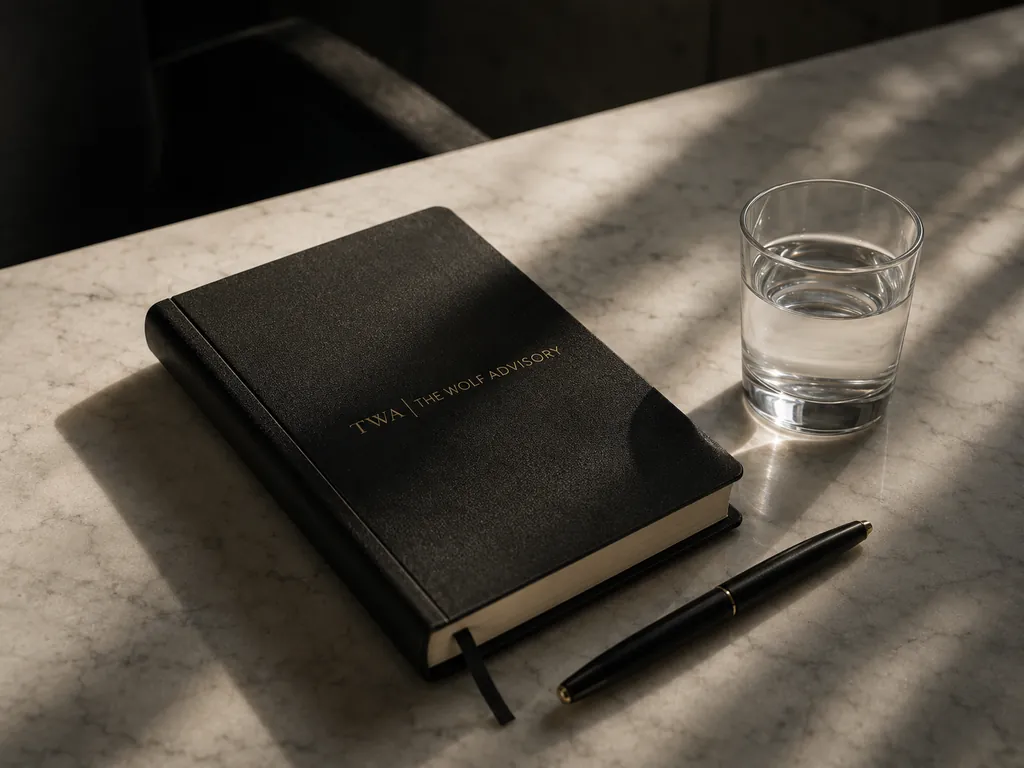 Cuaderno negro con la firma TWA junto a un vaso de agua sobre mármol