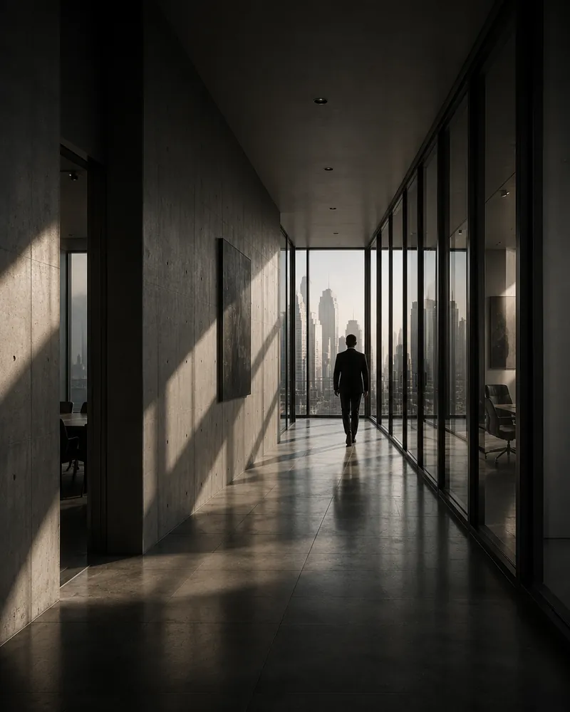 Pasillo corporativo con luz natural hacia una vista urbana
