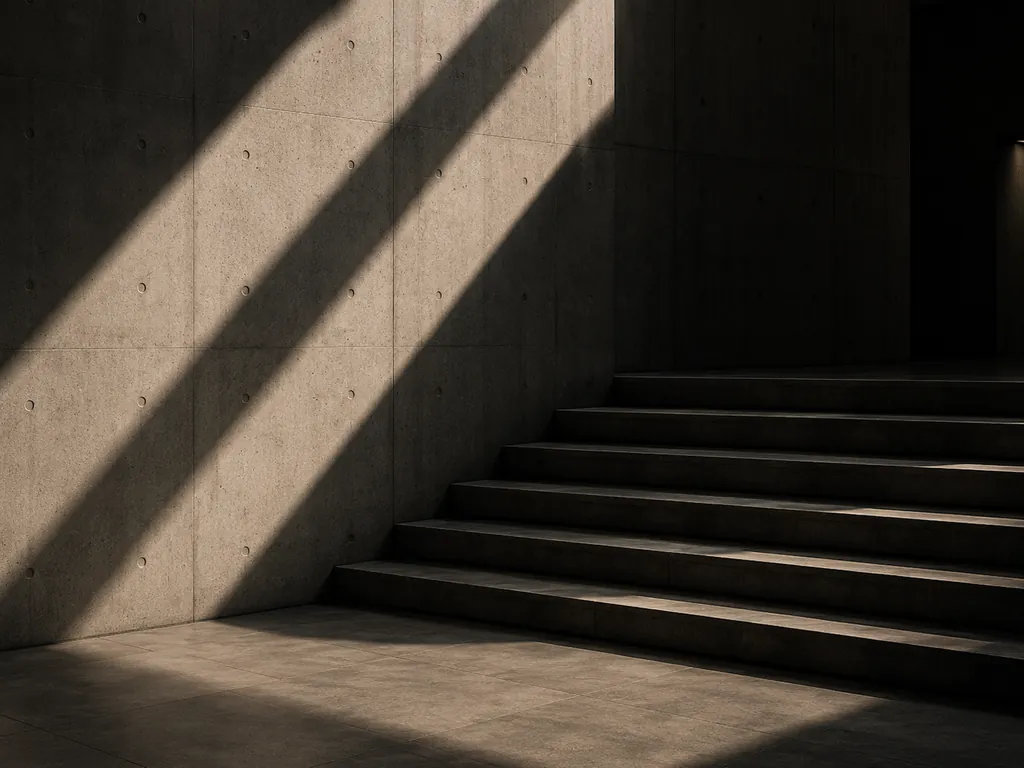 Escalera arquitectónica de concreto atravesada por una luz diagonal