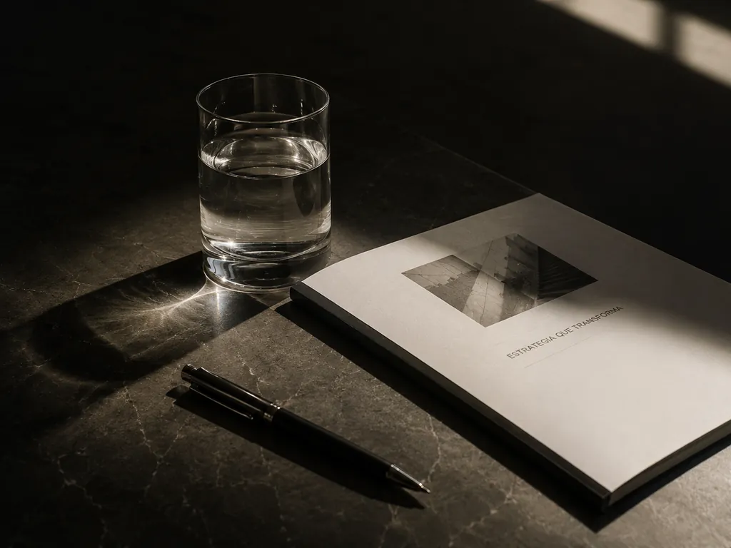 Documento de trabajo junto a un vaso de agua y un bolígrafo sobre una superficie oscura